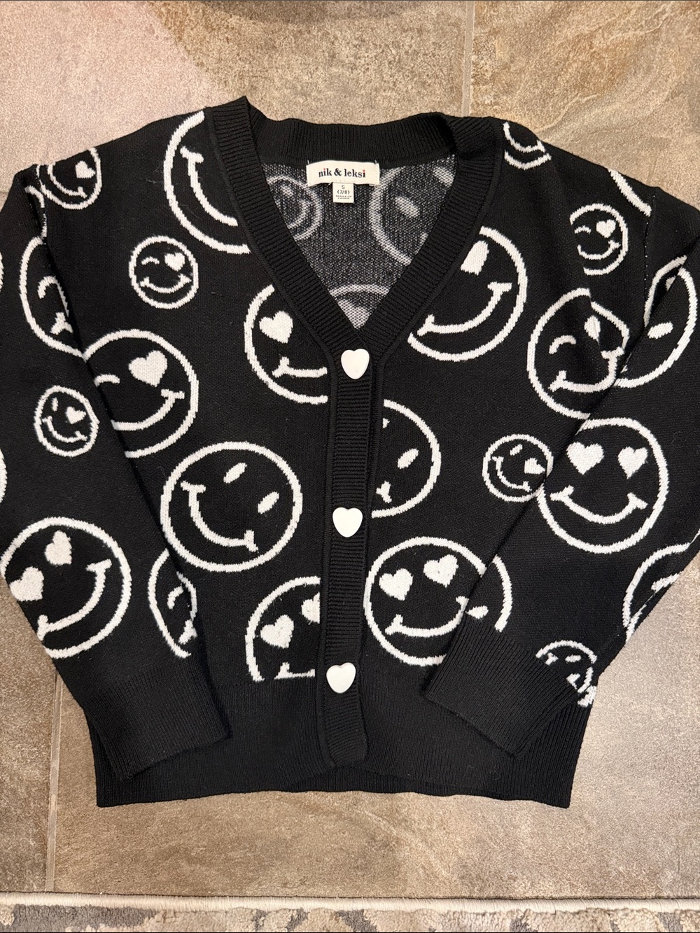 Girls Black Smiley Heart-Button Cardigan Sweater size 7/8